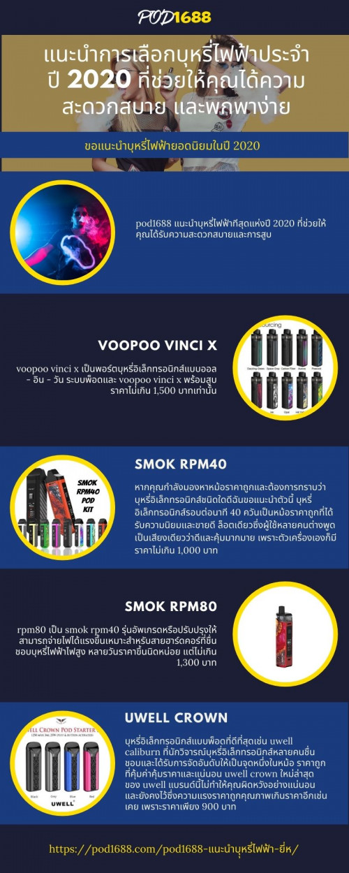 pod1688 แนะนำบุหรี่ไฟฟ้าทีสุดแห่งปี 2020 ที่ช่วยให้คุณได้รับความสะดวกสบายและการสูบ และออกมาให้ตอบโจทย์ต่อ ภาพรวมทั้งหมด โดยผู้จำหนายที่เชีย่วชาญด้านบุหรี่ไฟฟ้าอย่างแท้จริง ดูรายละเอียดได้ที่: https://pod1688.com/pod1688-แนะนำบุุหรี่ไฟฟ้า-ยี่ห/