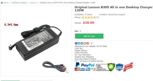 Lenovo B305 All in one Desktop Charger
https://www.3cparts.co.uk/original-lenovo-b305-all-in-one-desktop-chargeradapter-120w-p-46636.html