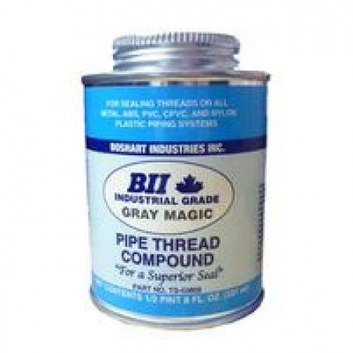 Gray Magic Industrial Grade Pipe Thread Compound is a slow drying, soft settling, non-hardening pipe thread compound. Recommended for on-site or assembly line work. For Sealing Threads On ALL types of metal, ideal for stainless steel threads which are more difficult to seal, also for sealing plastics including ABS, PVC, CPVC, Poly and Nylon Plastic Pipe Fittings. https://www.aquascience.net/boshart-industries-thread-compound-for-stainless-steel-fittings-1-2-pint-8-fl-oz