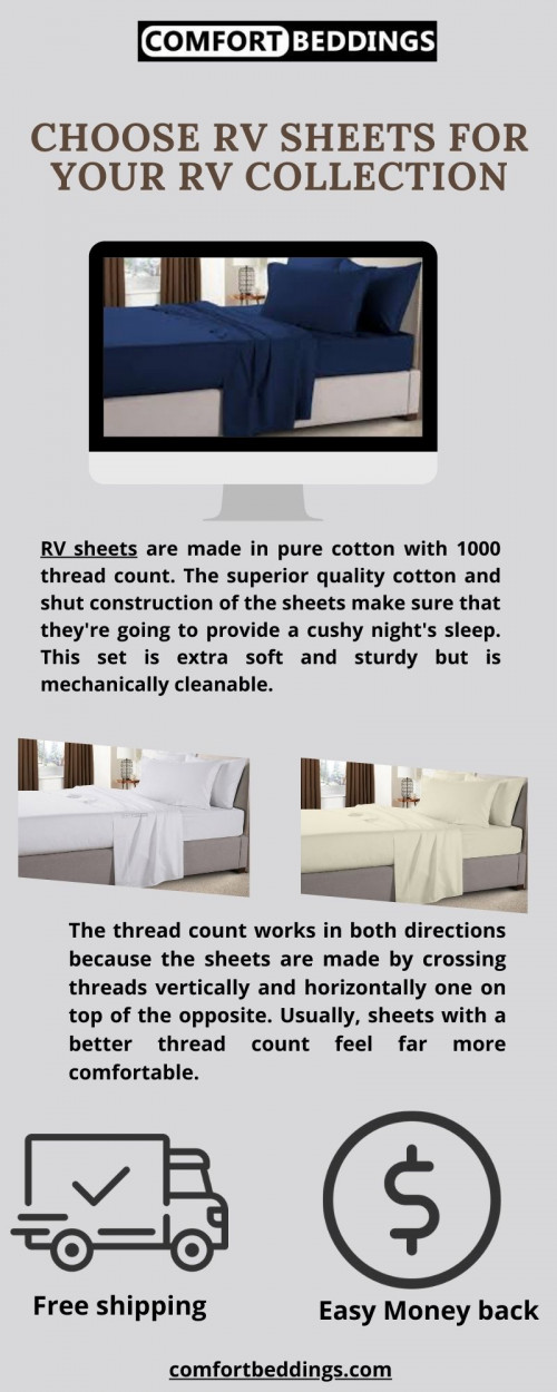 Have a look at this infographic & know the perfect RV sheets available on comfortbeddings online store. These sheets are 1000 TC, comfortable & easy to care. We are providing cotton sheets & 1000 TC & different colors. To know more visit - https://comfortbeddings.com/collections/rv-sheets