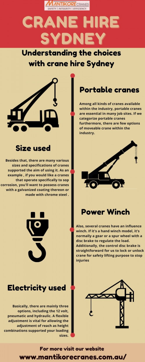 Are you searching for affordable Crane Hire Sydney services? Your search ends here and you are in the right place. Our Crane is highly being used at construction sites to make the entire work stress-free and increase productivity. So Mantikore Cranes are one of the best companies which provide high-quality Cranes with Competitive Price. Our cranes and personnel are suitably skilled and experienced to overcome all kinds of crane challenges. Mantikore cranes are offering you the tower, self-erecting, and electric luffing cranes. Ranging from small to large projects we have a crane to meet your needs.  Hire now: 1300626845. For information email at info@mantikorecranes.com.au.  The opening hours are Monday to Friday from 7 am to 7 pm.

Website:  https://mantikorecranes.com.au/

Address:  PO BOX 135 Cobbitty NSW, 2570 Australia

Follow us on our Social accounts:
•	Facebook
https://www.facebook.com/pg/Mantikore-Cranes-108601277292157/about/?ref=page_internal
•	Instagram
https://www.instagram.com/mantikorecranes/
•	Twitter
https://twitter.com/MantikoreC