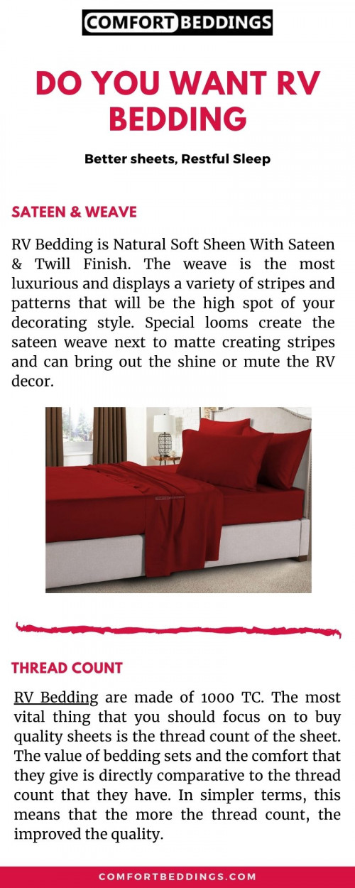 Look at this info-graphics & know about amazing RV Bedding. Our sheets are made of 100% Egyptian cotton, comfortable, long-lasting & easy to care. These sheets are available in various sizes for your camper collection. For more information visit now: https://comfortbeddings.com/products/burgundy-rv-sheet-set