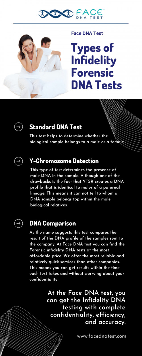 At the Face DNA test, you can get the Infidelity DNA testing with complete confidentiality, efficiency, and accuracy.