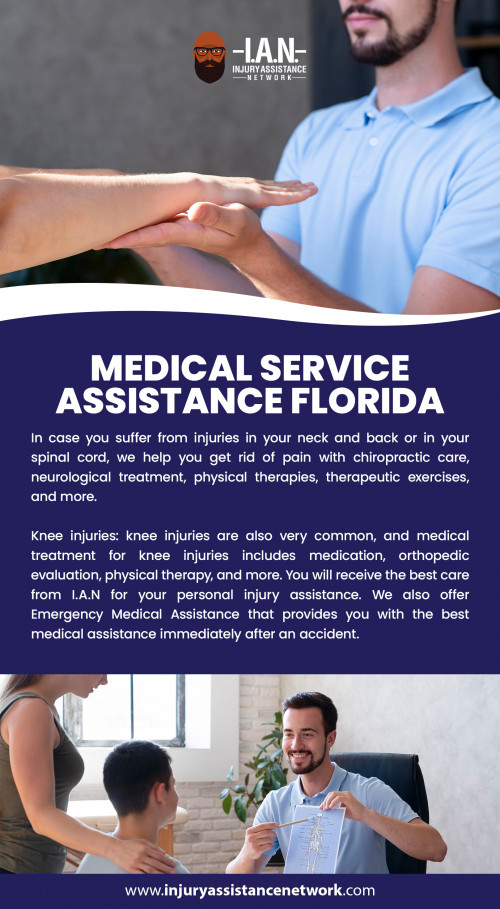 When injuries occur due to an accident, it disturbs your daily course of life and raises the need for medical service assistance in Florida. With the help of proper medical service assistance, the healing time becomes significantly less. With appropriate medical service assistance, your recovery becomes way faster than usual. A medical service assistance team takes care of all the personal injury treatments. 

For more info please visit:https://injuryassistancenetwork.com/medical-assistance/