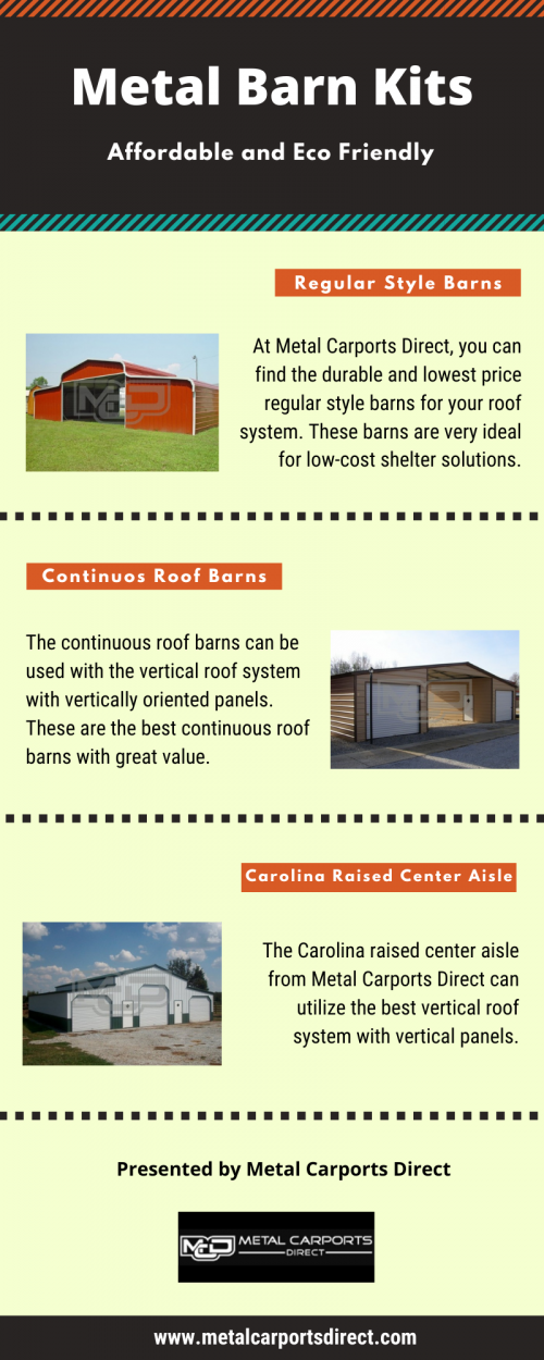 The team of Metal Carports Direct constantly manufacturing the metal barn kits with a unique design so you can use it according to your needs.

Check at https://bit.ly/3iZLvZL