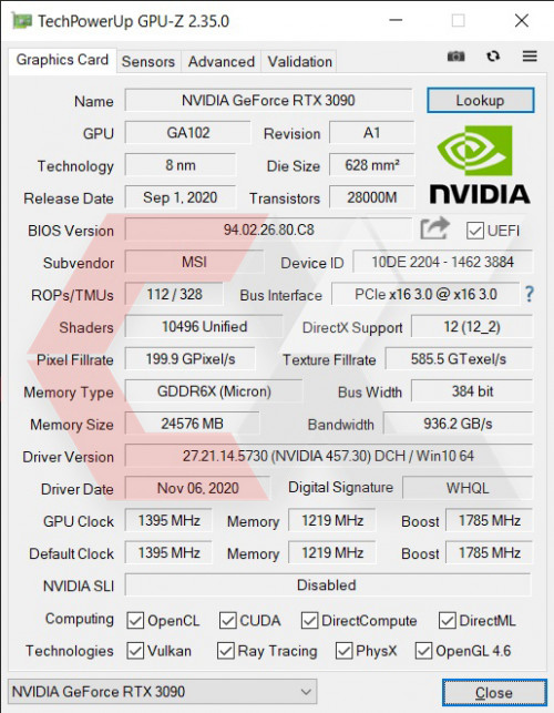 Review RTX 3090 MSI Overcluster GPU Z