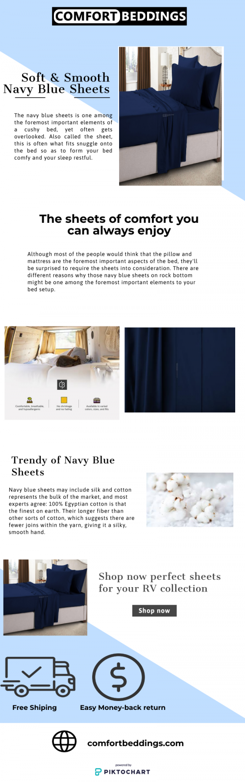 View this infographic & know about the perfect quality & facilities of navy blue sheets available on comfortbeddings online store. These sheets are 1000 TC, comfortable & easy to care. We are providing cotton sheets, & wrinkle-free sheets. To know more visit - https://comfortbeddings.com/products/navy-blue-rv-sheet-set