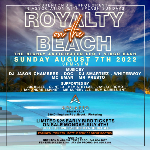 Ticketgateway - ROYALTY ON THE BEACH - August 07, 2022 at Aquario Beach Club. Find event and ticket information at https://www.ticketgateway.com/event/view/royaltyonthebeach