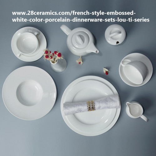 Two Eight Ceramics French Style Embossed White Color Porcelain Dinnerware Sets