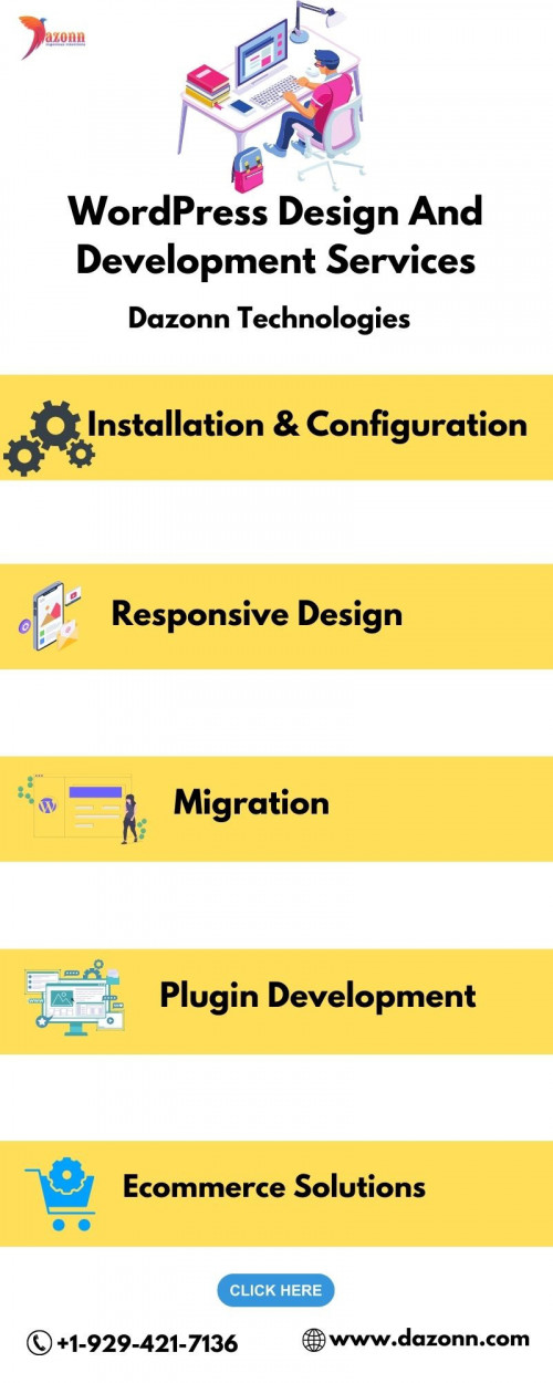 WordPress design and development services and website implementation for businesses using the WordPress creation tool are available. Dazonn Technologies provides you with an expert who handles WordPress Development Services very easily. WordPress development services are open source publishing software that can be installed locally on a web server, viewed on a proprietary website, or hosted in the cloud and viewed on the WordPress website. WordPress tools is a content management system (CMS) for hosting and building websites. Digital marketing services use various systematic approaches to achieve the best possible results. Click Here https://dazonn.com/wordpress-development/