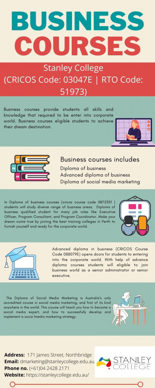 Now you can apply for the Business and management courses (CRICOS Course Code 088077G) for studying in Australia at Stanley College (CRICOS Code: 03047E | RTO Code: 51973). Our Business management courses has been designed to deliver a complete introduction to a wide range of management and business functions. For more info, visit us online. Business management courses Perth provide you the number of courses in Business and management courses that give you complete guidance about the business courses. 
visit: https://stanleycollege.edu.au/vocational-courses/business/