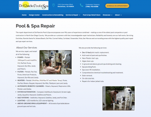 Pool & Spa Repair.  We provide our customers with fast, knowledgeable repair technicians. Reliability and honesty are our hall marks. Servicing Encinitas, Rancho Santa Fe, Solana Beach, Del Mar, Carmel Valley, Carlsbad, Oceanside, Vista and San Marcos.

Del Rancho Pools can design, build, remodel or renovate any pool, spa or water feature that your imagination can create. Our supervisors carefully manage your project to ensure top quality construction while adhering to budgetary goals and a tight building schedule.We are experts in equipment repairs and provide weekly maintenance service for 450+ pools, spas and water features in North County. We offer reliable technicians at competitive prices for superior services. We also provide warranty service for major equipment manufacturers.

#poolcleaning #PoolCleaningCarlsbad #PoolCleaningDelMar #PoolCleaningEscondido #PoolCleaningRanchoSantaFe #PoolCleaningSanDiego #poolcleaningservice #poolcompanies #poolcontractors #pooldesigns #poolrepair 

Read more:- https://delranchopools.com/pool-spa-repair/